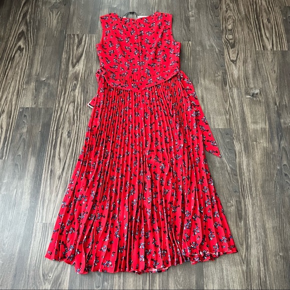 Tahari NWT Sleeveless Red Floral Print Pleated Midi Dress - Picture 2 of 16